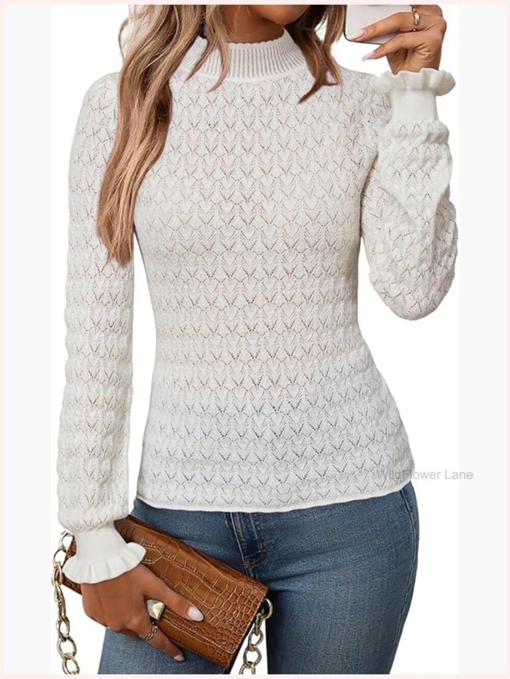 Silk Wool Blend Fitted Mock Neck Lace Sweater